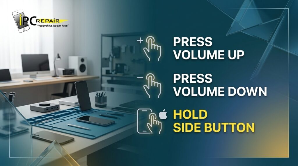 Hand performing force-restart button sequence on iPhone