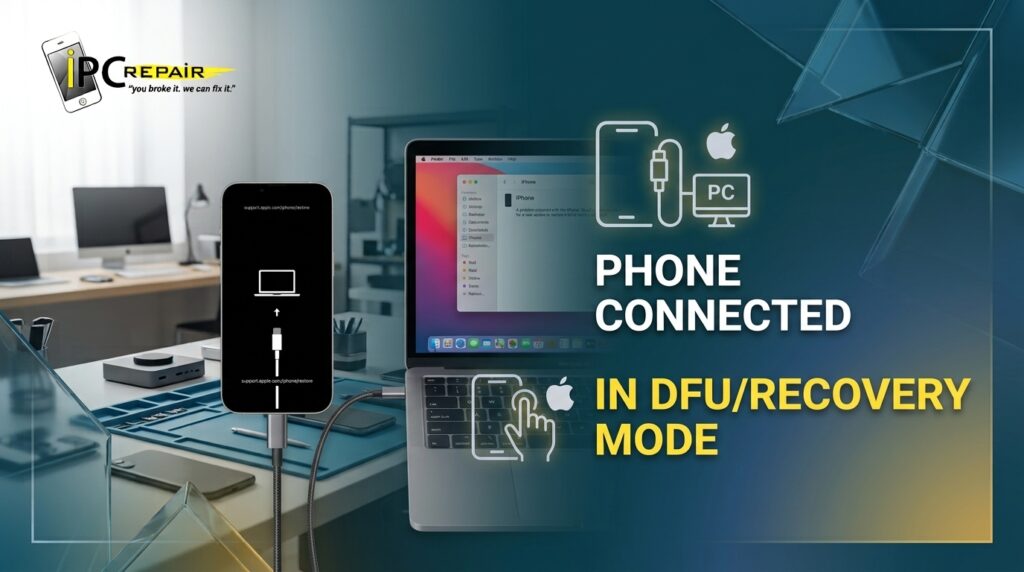 iPhone connected to Mac showing DFU/recovery mode